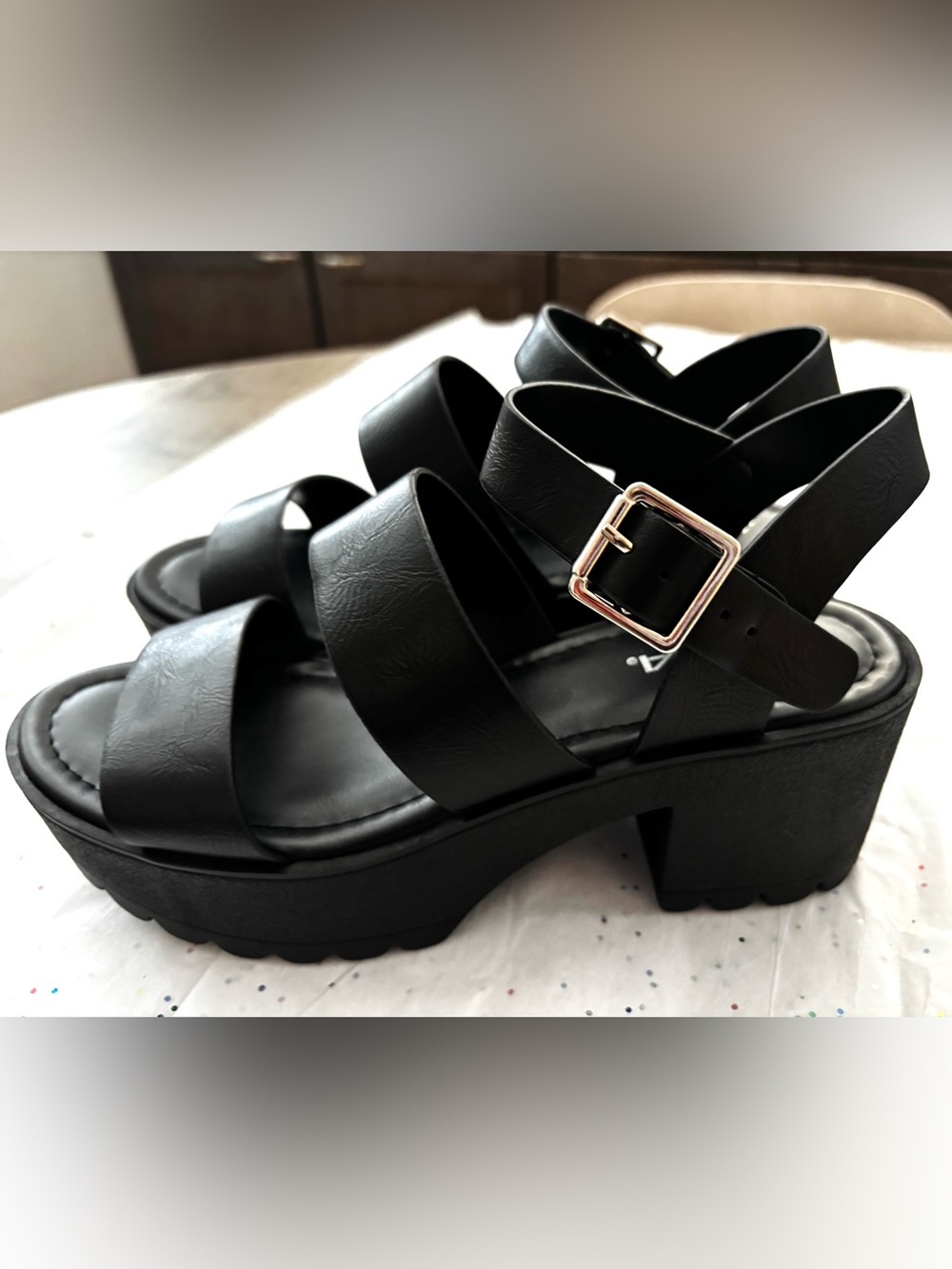 Soda Black Platform Crisscross Sandals with Gold Buckle